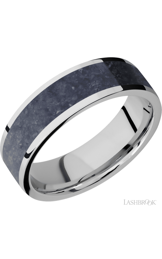 7 mm wide/Flat/Cobalt Chrome band with one 5 mm Centered inlay of Sodalite.