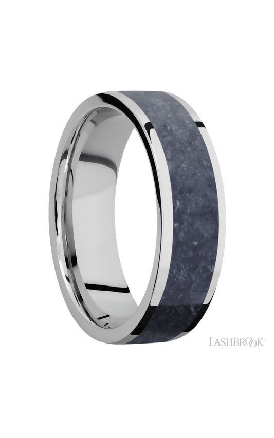 7 mm wide/Flat/Cobalt Chrome band with one 5 mm Centered inlay of Sodalite.