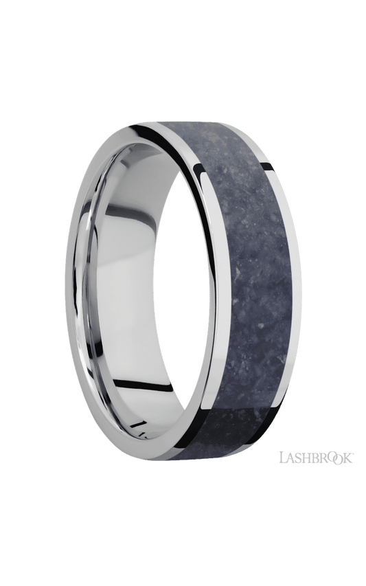 7 mm wide/Flat/Cobalt Chrome band with one 5 mm Centered inlay of Sodalite.