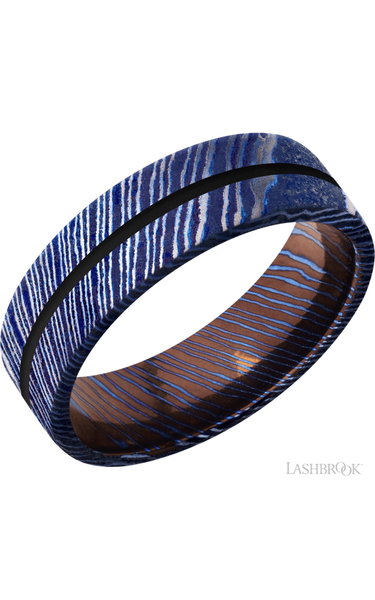 7 mm wide/Flat/Titanium Damascus band with one 1 mm Centered inlay of Black.
