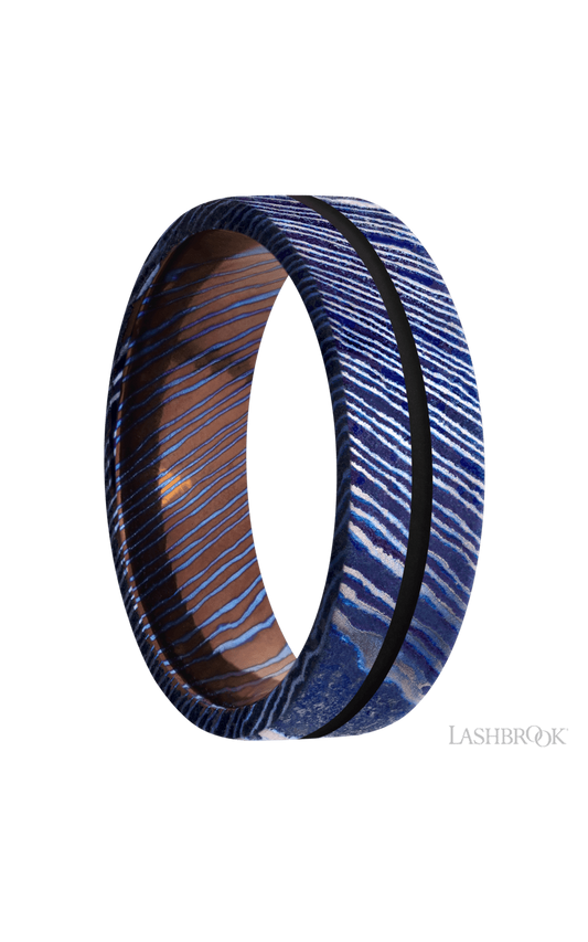 7 mm wide/Flat/Titanium Damascus band with one 1 mm Centered inlay of Black.