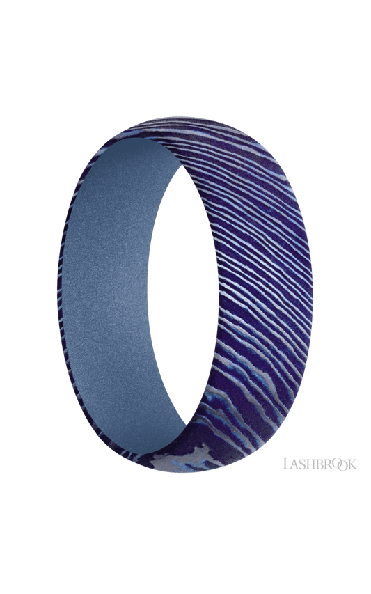 7 mm wide Domed Titanium Damascus band featuring a Crushed Orchid sleeve.