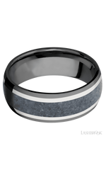 8 mm wide/Domed/Zirconium band featuring inlays of 14K White Gold and Blue Sapphire.