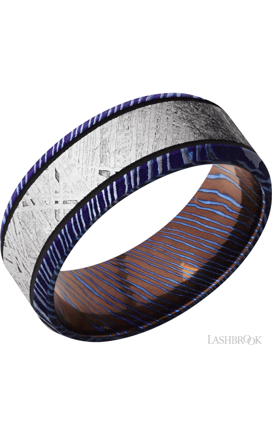 8 mm wide/Beveled/Titanium Damascus band with one 5 mm Centered inlay of Meteorite.