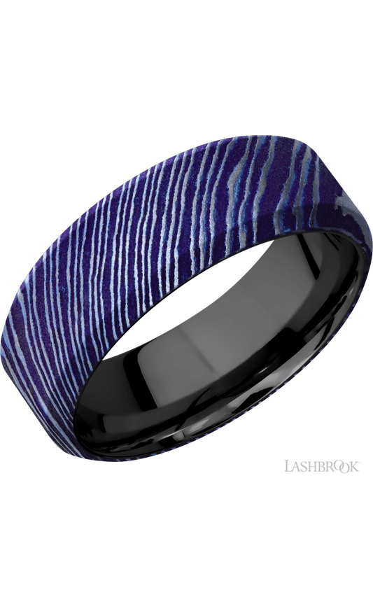 8 mm wide High Bevel Titanium Damascus band featuring a Zirconium sleeve.