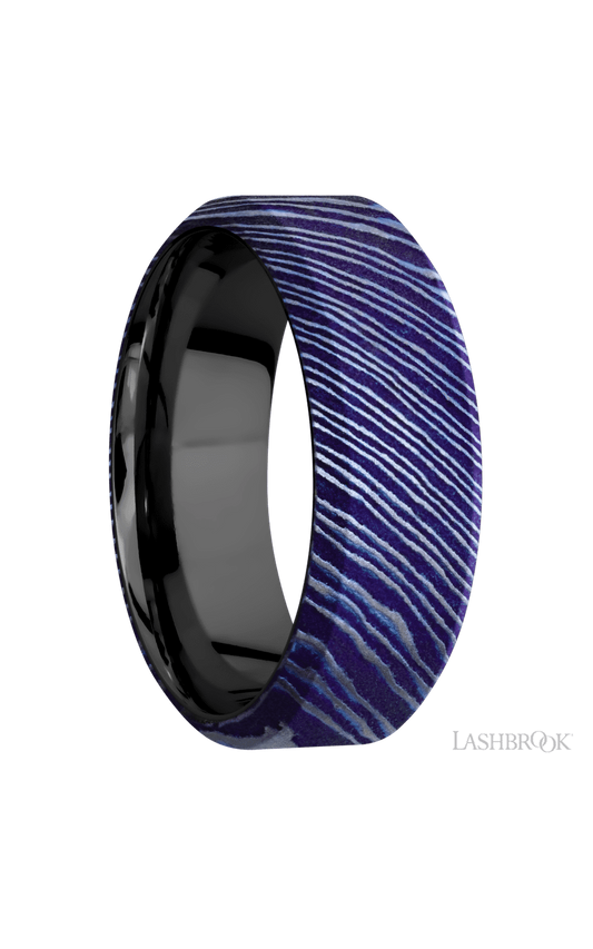 8 mm wide High Bevel Titanium Damascus band featuring a Zirconium sleeve.