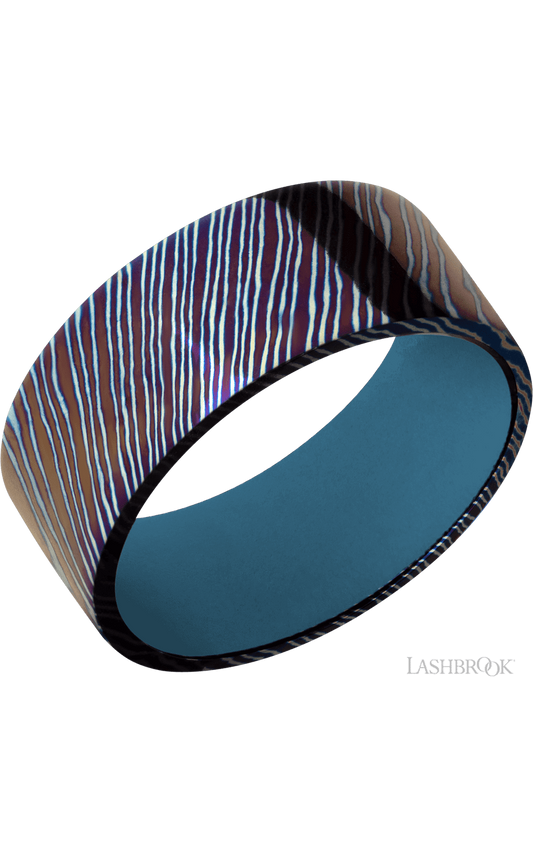 9 mm wide Flat Titanium Damascus band featuring a Royal Blue sleeve.