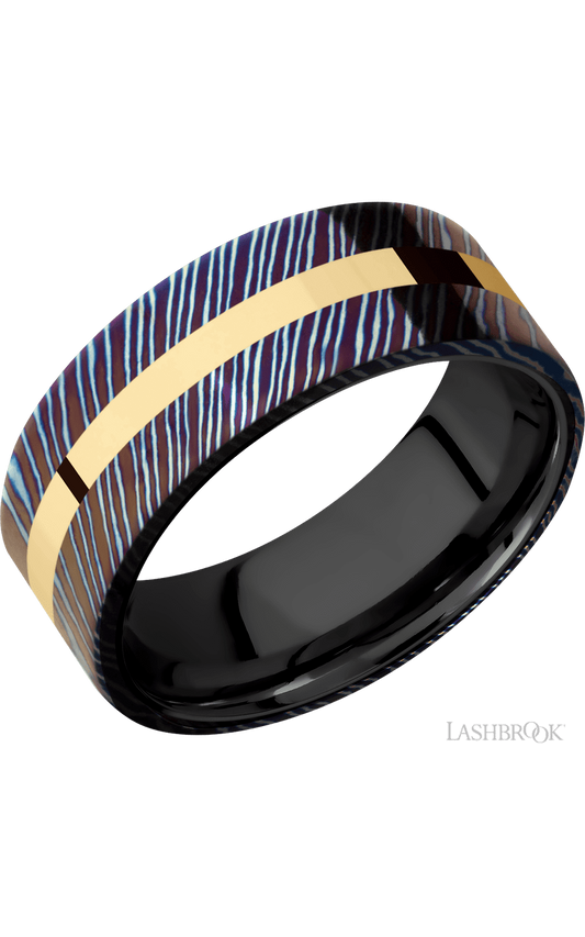 8 mm wide/Flat/Titanium Damascus band with one 2 mm Centered inlay of 14K Yellow Gold also featuring a Zirconium sleeve.
