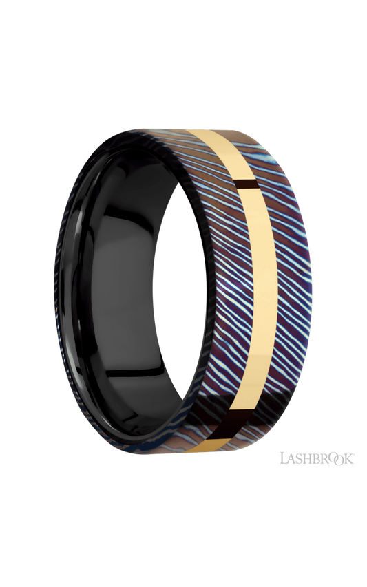 8 mm wide/Flat/Titanium Damascus band with one 2 mm Centered inlay of 14K Yellow Gold also featuring a Zirconium sleeve.