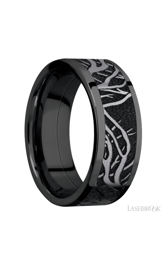 8 mm wide/Flat/Zirconium band with one 6 mm Centered inlay of Tantalum with a laser carved Branches pattern.