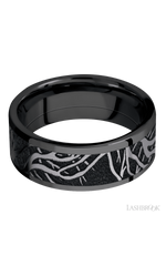 8 mm wide/Flat/Zirconium band with one 6 mm Centered inlay of Tantalum with a laser carved Branches pattern.
