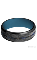 7 mm wide/Beveled/Zirconium band featuring inlays of Forged Carbon Fiber and Blue Tiger Eye also featuring a Royal Blue sleeve.