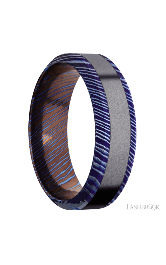 7 mm wide/High Bevel/Titanium Damascus band with one 3 mm Centered inlay of Tantalum.