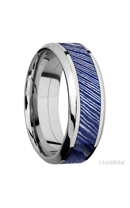 8 mm wide/High Bevel/Cobalt Chrome band with one 4 mm Centered inlay of Titanium Damascus.