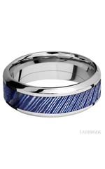8 mm wide/High Bevel/Cobalt Chrome band with one 4 mm Centered inlay of Titanium Damascus.