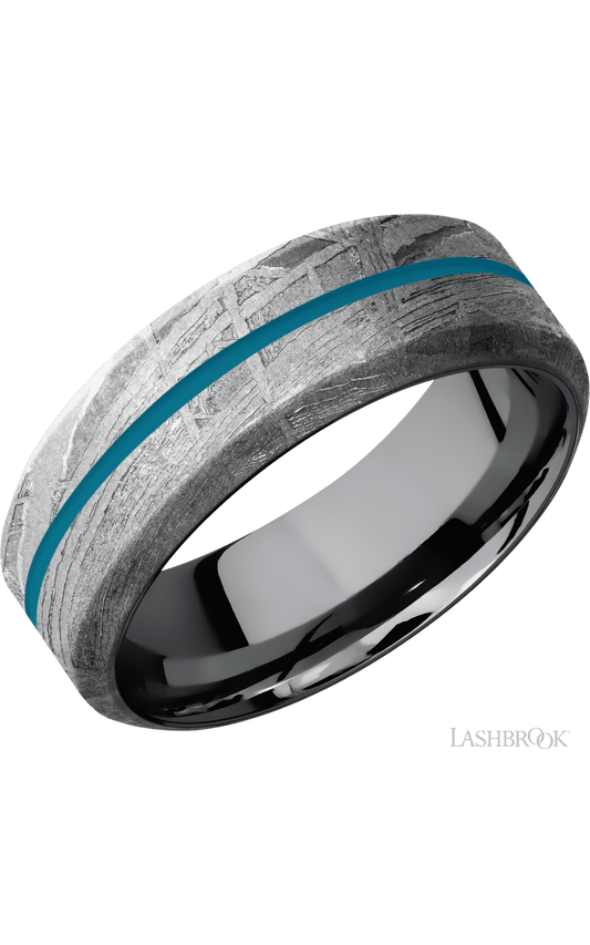 8 mm wide/High Bevel/Meteorite band with one 1 mm Centered inlay of Sea Blue also featuring a Tantalum sleeve.