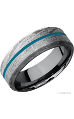 8 mm wide/High Bevel/Meteorite band with one 1 mm Centered inlay of Sea Blue also featuring a Tantalum sleeve.