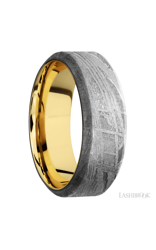 8 mm wide High Bevel Meteorite band featuring a 14K Yellow Gold sleeve.