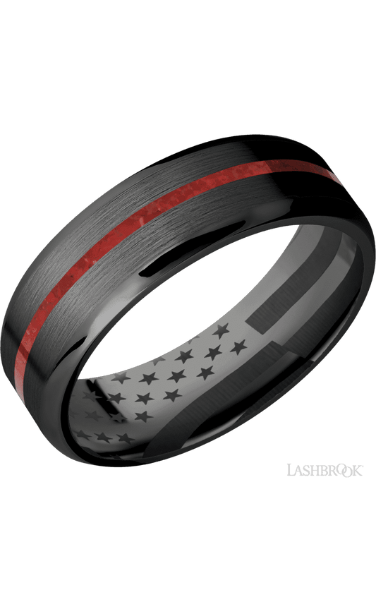 7 mm wide/Beveled/Zirconium band with one 1 mm Centered inlay of Coral.