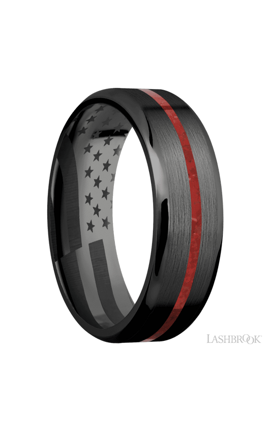 7 mm wide/Beveled/Zirconium band with one 1 mm Centered inlay of Coral.