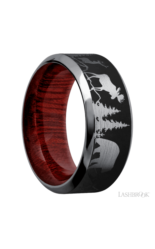 9 mm wide/High Bevel/Tantalum band with a laser carved Bear Moose Deer Mountain pattern also featuring a Blood Wood sleeve.