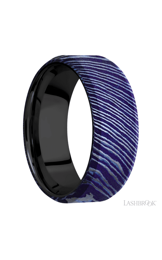 8 mm wide Beveled Titanium Damascus band featuring a Zirconium sleeve.