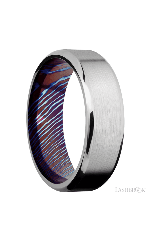 7 mm wide Beveled Cobalt Chrome band featuring a Titanium Damascus sleeve.
