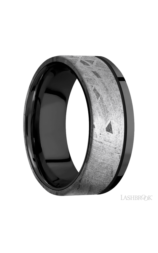 8 mm wide/Flat/Zirconium band with one 6 mm Off Center Edge inlay of Meteorite.
