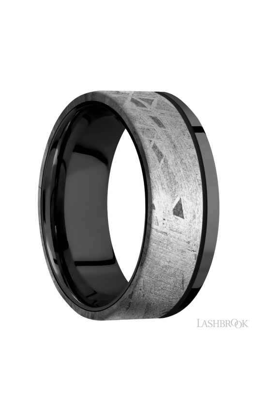 8 mm wide/Flat/Zirconium band with one 6 mm Off Center Edge inlay of Meteorite.