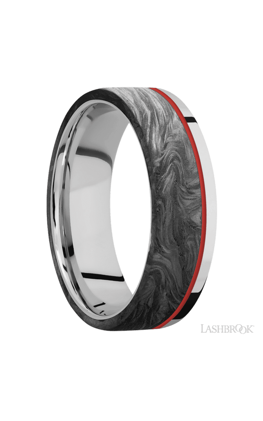 7 mm wide/Flat/Cobalt Chrome band with one 5 mm Off Center Edge inlay of Forged Carbon Fiber.