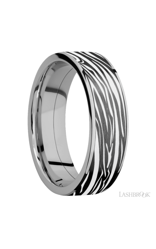 7 mm wide/Flat/Titanium band with one 6 mm Centered inlay of Zirconium with a laser carved Zebra pattern.