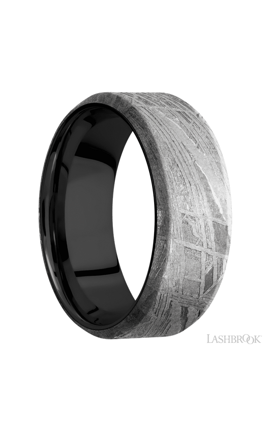 8 mm wide Beveled Meteorite band featuring a Zirconium sleeve.