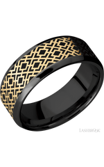 8 mm wide/Beveled/Zirconium band with one 6 mm Centered inlay of 14K Yellow Gold with a laser carved Trellis 2 pattern.