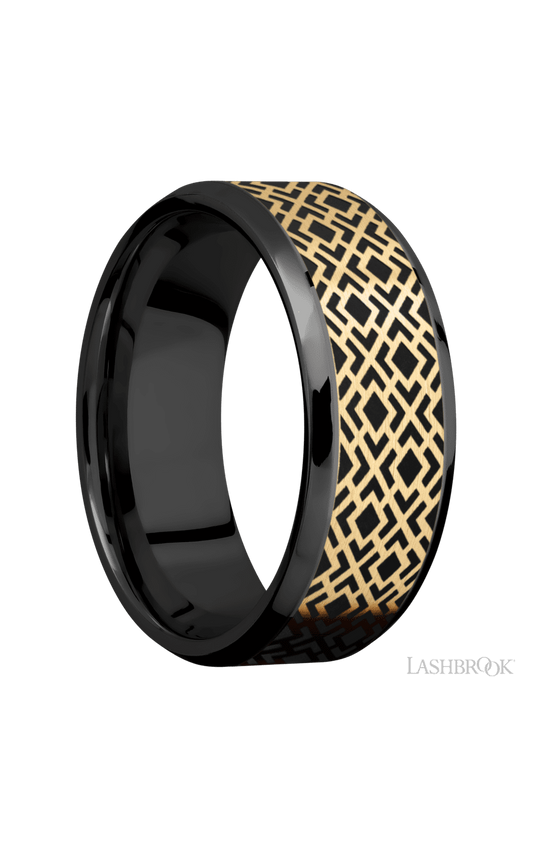 8 mm wide/Beveled/Zirconium band with one 6 mm Centered inlay of 14K Yellow Gold with a laser carved Trellis 2 pattern.