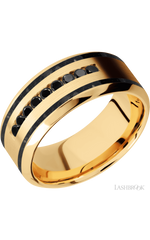 9 mm wide/High Bevel/14K Yellow Gold band with  two 1 mm Wide inlays of Black Onyx and featuring an  arrangement of 9, .03 carat Round Black Diamond stones in a Channel setting