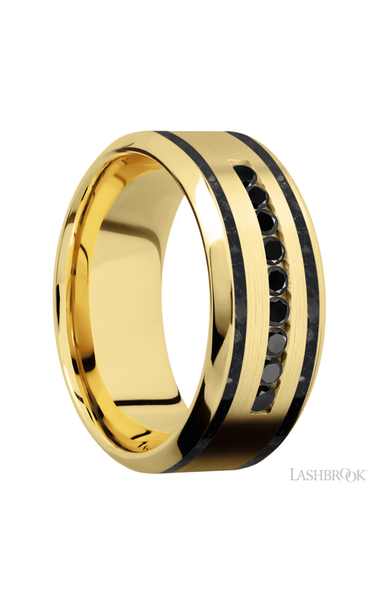 9 mm wide/High Bevel/14K Yellow Gold band with  two 1 mm Wide inlays of Black Onyx and featuring an  arrangement of 9, .03 carat Round Black Diamond stones in a Channel setting