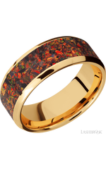 8 mm wide/Beveled/14K Yellow Gold band with one 6 mm Centered inlay of Red Opal.