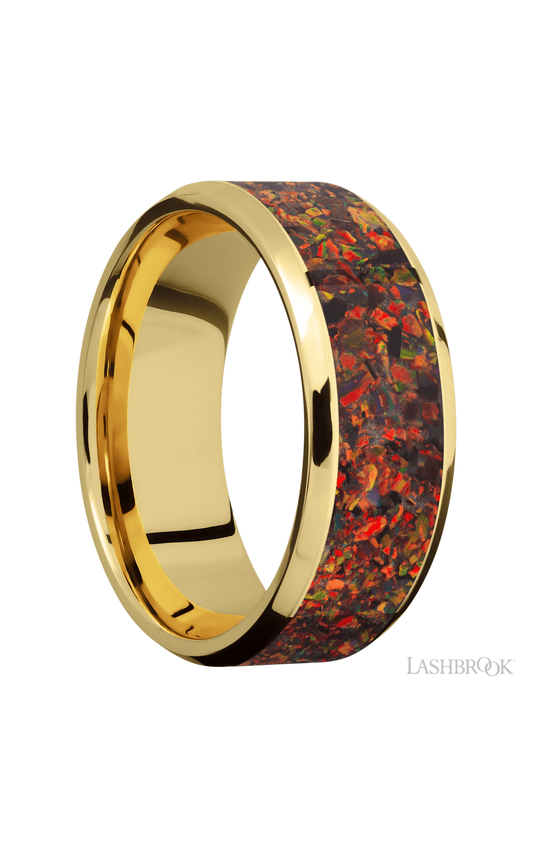 8 mm wide/Beveled/14K Yellow Gold band with one 6 mm Centered inlay of Red Opal.