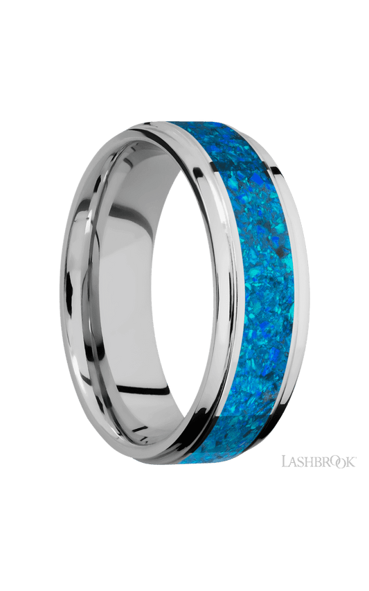 7 mm wide/Flat Grooved Edges/Cobalt Chrome band with one 4 mm Centered inlay of Blue Opal.