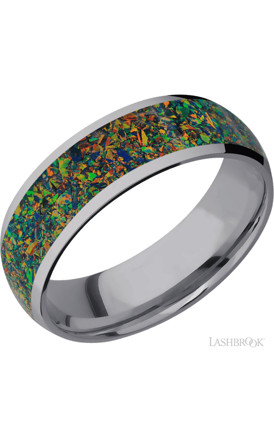7 mm wide/Domed/Tantalum band with one 5 mm Centered inlay of Black Opal.