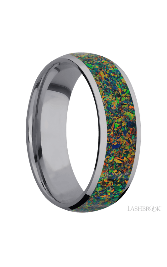 7 mm wide/Domed/Tantalum band with one 5 mm Centered inlay of Black Opal.