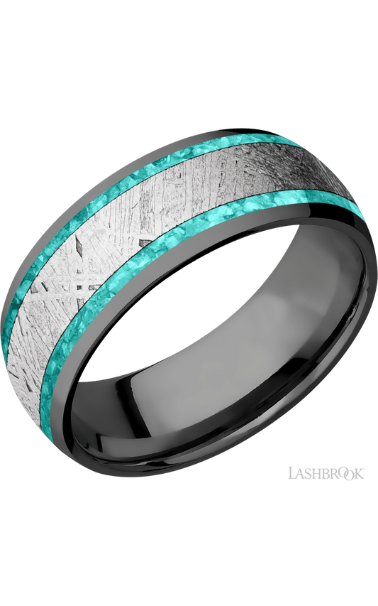 8 mm wide/Domed/Zirconium band featuring inlays of Teal Opal and Meteorite.