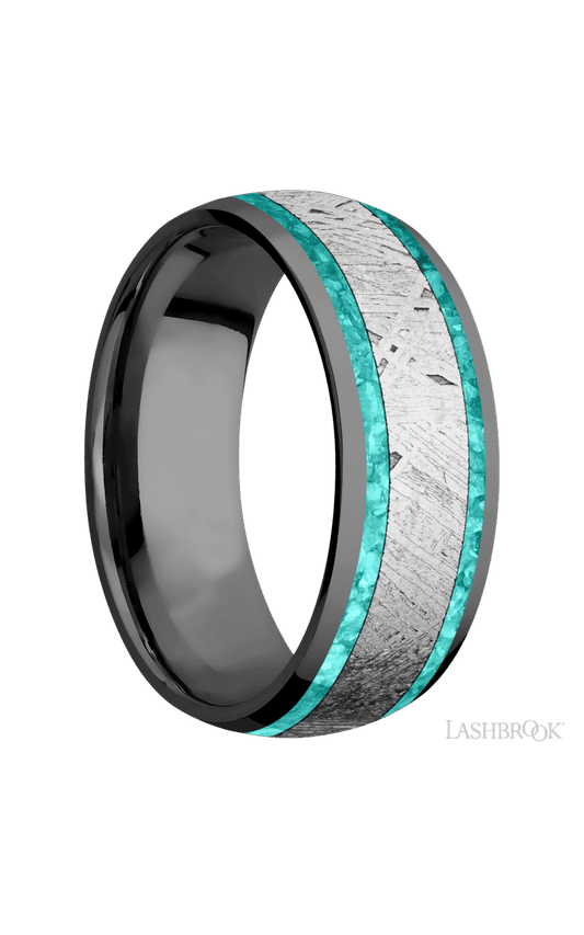 8 mm wide/Domed/Zirconium band featuring inlays of Teal Opal and Meteorite.