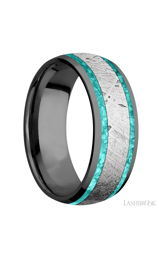 8 mm wide/Domed/Zirconium band featuring inlays of Teal Opal and Meteorite.