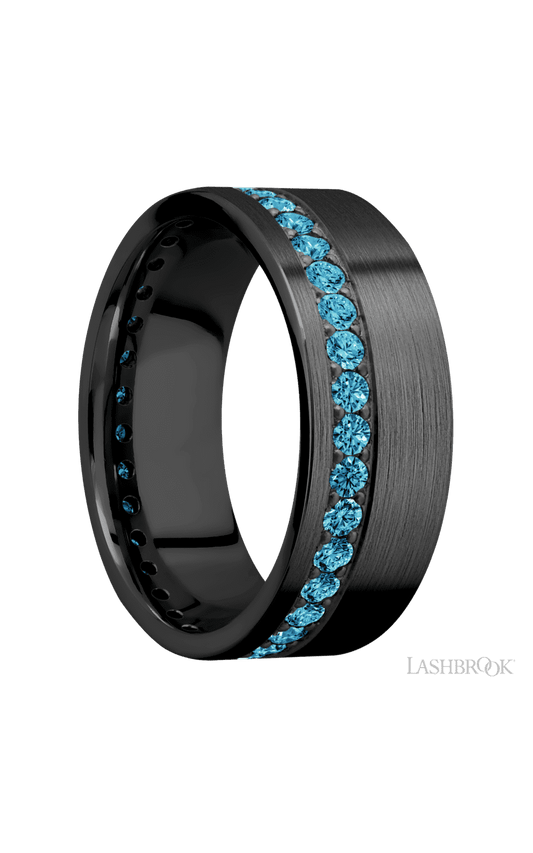 8 mm wide/Flat/Zirconium band with a Off Center Eternity arrangement of .03 carat Round Lab Blue Diamond stones in a Bead setting.