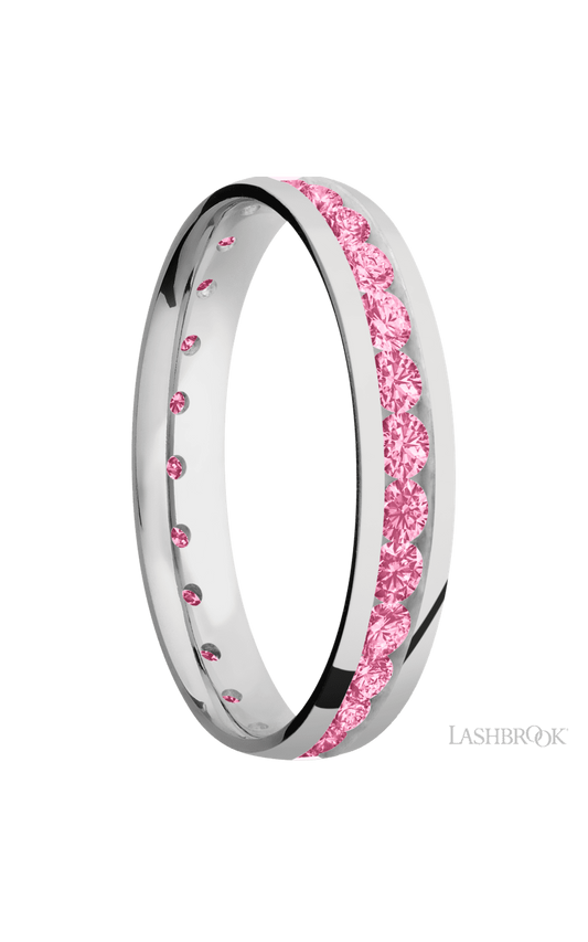 4 mm wide/Domed/Cobalt Chrome band with an Eternity arrangement of .07 carat Round Lab Dark Pink Diamond stones in a Channel setting.