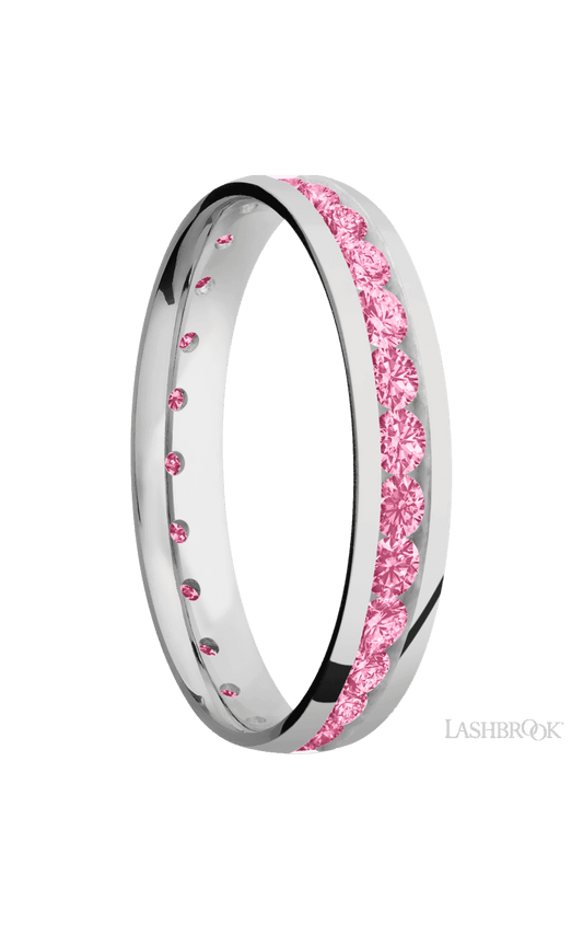 4 mm wide/Domed/Cobalt Chrome band with an Eternity arrangement of .07 carat Round Lab Dark Pink Diamond stones in a Channel setting.