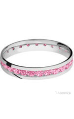 4 mm wide/Domed/Cobalt Chrome band with an Eternity arrangement of .07 carat Round Lab Dark Pink Diamond stones in a Channel setting.