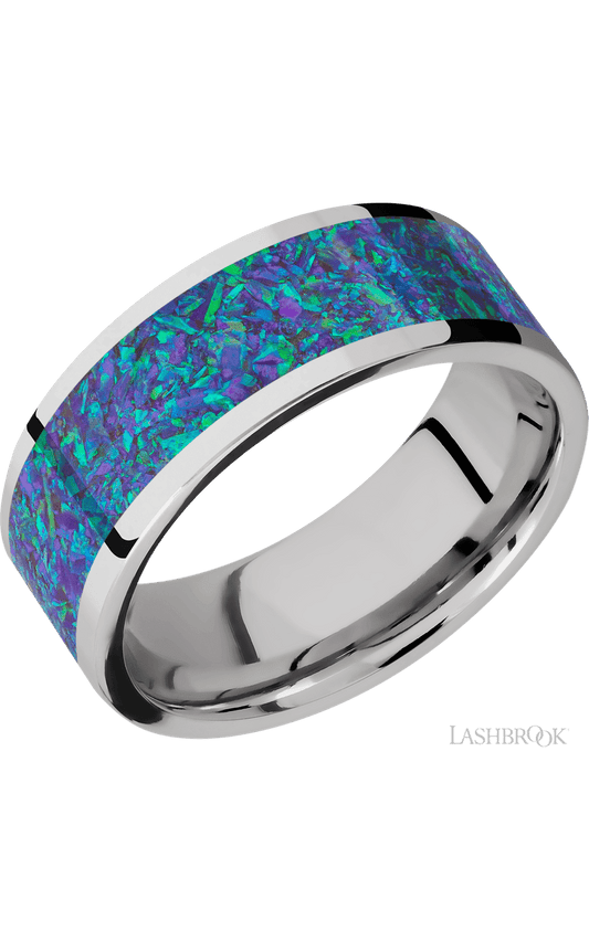 8 mm wide/Flat/Cobalt Chrome band with one 6 mm Centered inlay of Blue Green Opal.