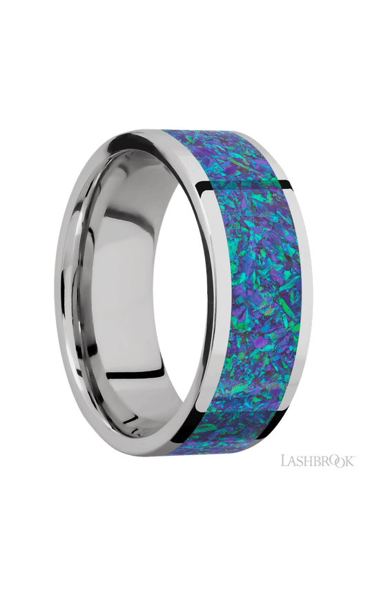 8 mm wide/Flat/Cobalt Chrome band with one 6 mm Centered inlay of Blue Green Opal.
